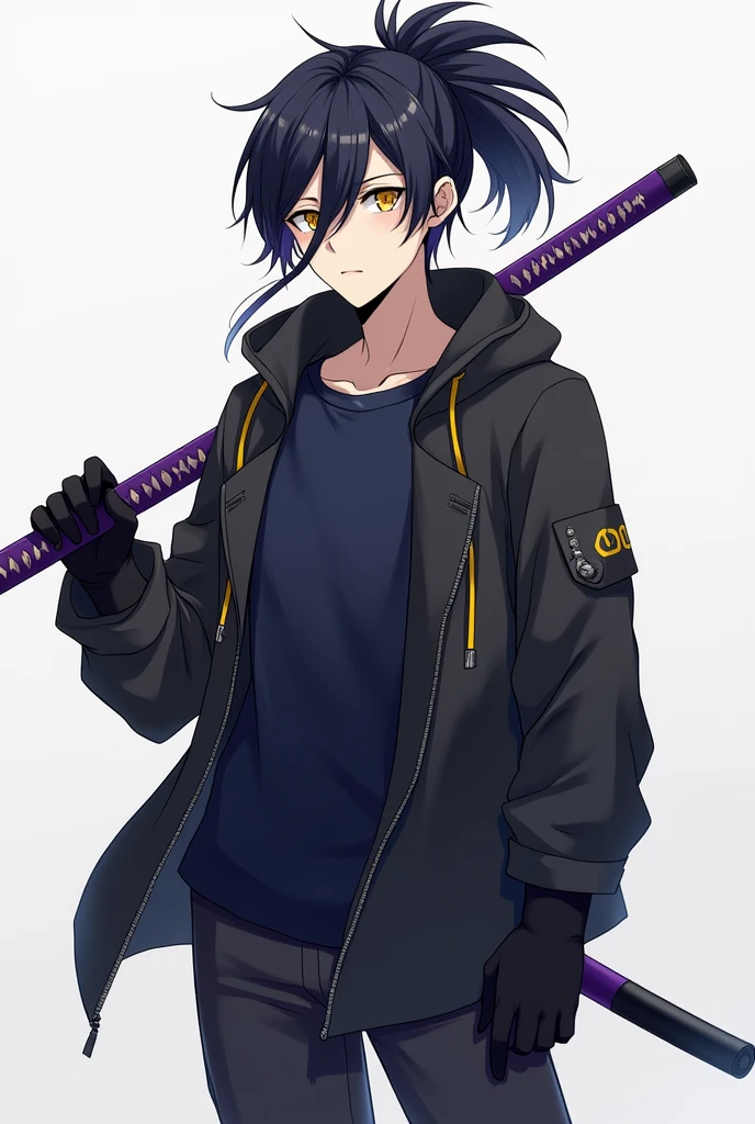 Create a male anime-style character with short, slightly spiky black hair covering his left eye a little., a big ponytail, big yellow eyes, Men's black windbreaker jacket with dark blue shirt, black gloves, black pants with men's black boots, with a purple-handled katana on his back.