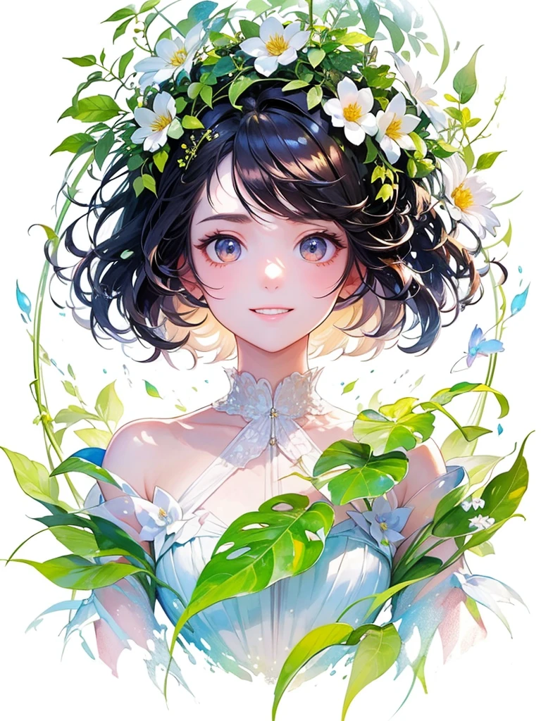 (masterpiece、Highest quality、Highest quality、Beautiful and beautiful:1.2)、Excellent anatomy、(Watercolor painting 1.5)、Long Shot、straight short hair images、Trendy Hair Color, Beautiful Face、Beautiful Smile, I stare at you shyly,A gentle gaze, Fairy, 蝶のFairyのコスチューム、Pure white、Pure、charm, Colorful flowers of different colors, Flower and leaf wind、Botanical Art,