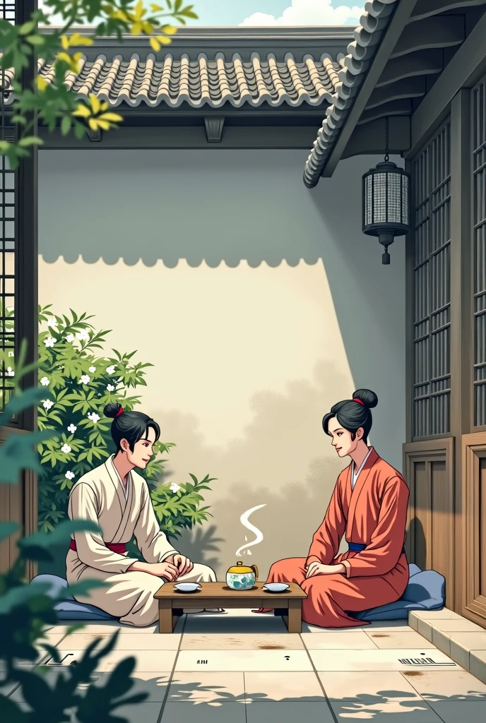 Chatting over tea in a courtyard building
