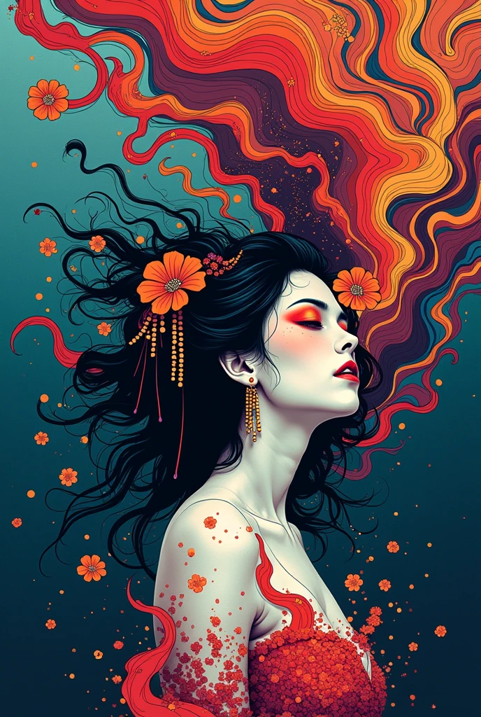 Colorful Abstract Art of Ink Forming a People, Lighting, Sub-Surface Scatterring, Glow, Award-winning Underwater Ink Art by Alberto Seveso, japanese anime, realistic, surreal, ((japanese woman)), portrait, absurdres,highres,ultra detailed,ultra-detailed background,detailed background,extremly detailed,1girl,bunch of flowers,(zentangle:1.2),(geometric:1.2) multi-colored color palette, monochromatic, big , cleavage, sideboob, lingerie, realistic depiction, arms behind back, kaleidoscopic, multidimensional, ethereal glow, captivating uniqueness, surreal juxtapositions, visual symphony, unforgettable visual narrative, edgy, mathematical, simple-shaped vectors, highly modern, stylistic, polygonal abstraction, vector art, bold lines, minimalist color scheme, digital art, abstract geometry