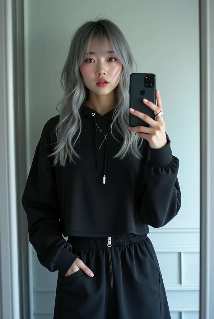 highly detailed, beautiful, hyper Realistic girl, masterpiece, best quality, Depict a mysterious and sophisticated beautiful Japanese gravure model,, 28-years-old, identity hidden, all body shot, / gray arranged hair, small head, Detailed face, cute and Pretty slim face, wide Duck mouth, perfect beautiful Tooth, arranged gray hair, shiny eyes, blue-colored eyes, Realistic skin, Detailed face, / A chic and minimalist cyberpunk jogger ensemble:

Top: A black cropped hoodie made from soft, high-quality sweat material, cinched at the waist to reveal the navel. The hoodie is unembellished, with a high collar and zippered front, offering a clean and modern aesthetic.

Bottom: A knee-length, fitted skirt in matching black sweat material, designed for a sleek and simple silhouette.

Footwear: Sleek black ankle boots with subtle synthetic overlays and neon blue soles, blending comfort with a touch of futurism.

Accessories: A thin, simple silver necklace at the neck, complemented by delicate silver bracelets on the wrists and small silver stud earrings, all understated and refined to maintain the minimalist vibe. //// simple white single room, gray frame mirror, complicated background /// takes a selfie in her room using a smartphone in front of a mirror with one hand, standing and sexy Posing, all body below shot, focus shoes, looking away from the camera,