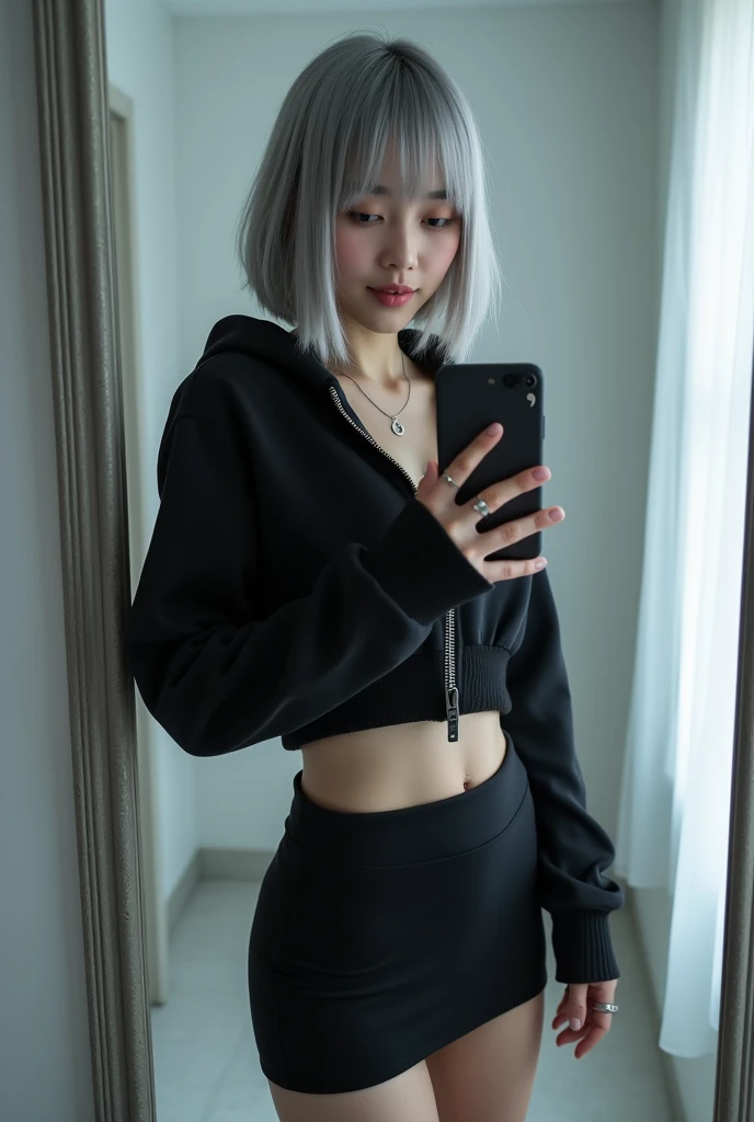 highly detailed, beautiful, hyper Realistic girl, masterpiece, best quality, Depict a mysterious and sophisticated beautiful Japanese gravure model,, 28-years-old, identity hidden, all body shot, / gray arranged hair, small head, Detailed face, cute and Pretty slim face, wide Duck mouth, perfect beautiful Tooth, arranged gray hair, shiny eyes, blue-colored eyes, Realistic skin, Detailed face, / A chic and minimalist cyberpunk jogger ensemble:
Top: A black cropped hoodie made from soft, high-quality sweat material, cinched at the waist to reveal the navel. The hoodie is unembellished, with a high collar and zippered front, offering a clean and modern aesthetic.
Bottom: A knee-length, fitted skirt in matching black sweat material, designed for a sleek and simple silhouette.
Footwear: Sleek black ankle boots with subtle synthetic overlays and neon blue soles, blending comfort with a touch of futurism.
Accessories: A thin, simple silver necklace at the neck, complemented by delicate silver bracelets on the wrists and small silver stud earrings, all understated and refined to maintain the minimalist vibe. //// simple white single room, gray frame mirror, complicated background /// takes a selfie in her room using a smartphone in front of a mirror with one hand, standing and sexy Posing, all body below shot, focus shoes, looking away from the camera,
