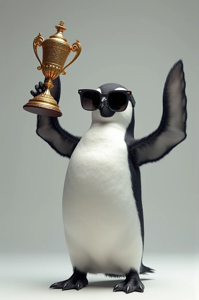 Image of a ralist penguin with black sunglasses lifting a chess trophy