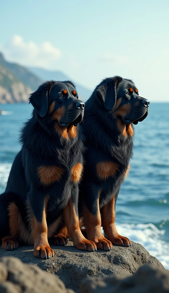 Two large dogs stand by the sea.