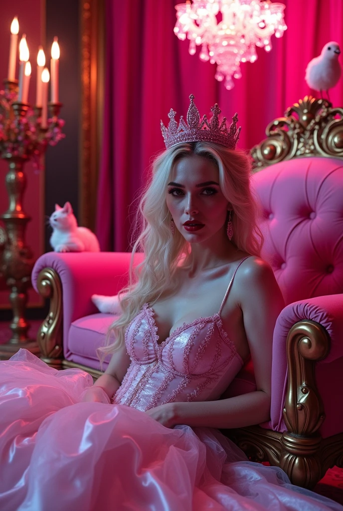 (full body shot:1.3) Post party in the palace. Only neon pink lighting everywhere. A drunk from alcohol queen with careless expression in a (white 0:9 pink 1:0 dress) leaning with her hand carelessly beside a (all pink throne 1:1) with a rose golden crown with pink cristals 1:1 placed litle to the left side on her head, (white cat) sitting in a Xtra small pink sofa, (pink bird) sitting on the pink thrown an messy gothic princess, striking pose, gothic princess portrait, silk drape on floor, night scene, beautiful vampire female ice queen, her crown with pink sparkling cristals gothic regal, white ice queen with bright detailed big blue eyes, red lipstick smudge from lips her on to her cheek, black maskara leeking from tears down her beautiful face, light blonde long hair, medieval fantasy, sitting on white intricate throne, wearing a white lace silk gothic dress many layers below waist, beautiful but messy queen, lovely white winter princess, a beautiful fantasy empress, beautiful vampire queen. Princess, a beautiful fantasy empress, beautiful vampire snow queen. Night ARRI ALEXA 65, 50mm lens, dynamic pink lighting, pink cristal chandelier hanging from the roof 1:1, blue cristal gold gothic medieval candle sticks on a white table medieval style. Cristal wine glasses on it's side and another one half empty. Whole set medieval gothic style. Wide scene. Cind a silly messy wild setup and wide stage in scene.