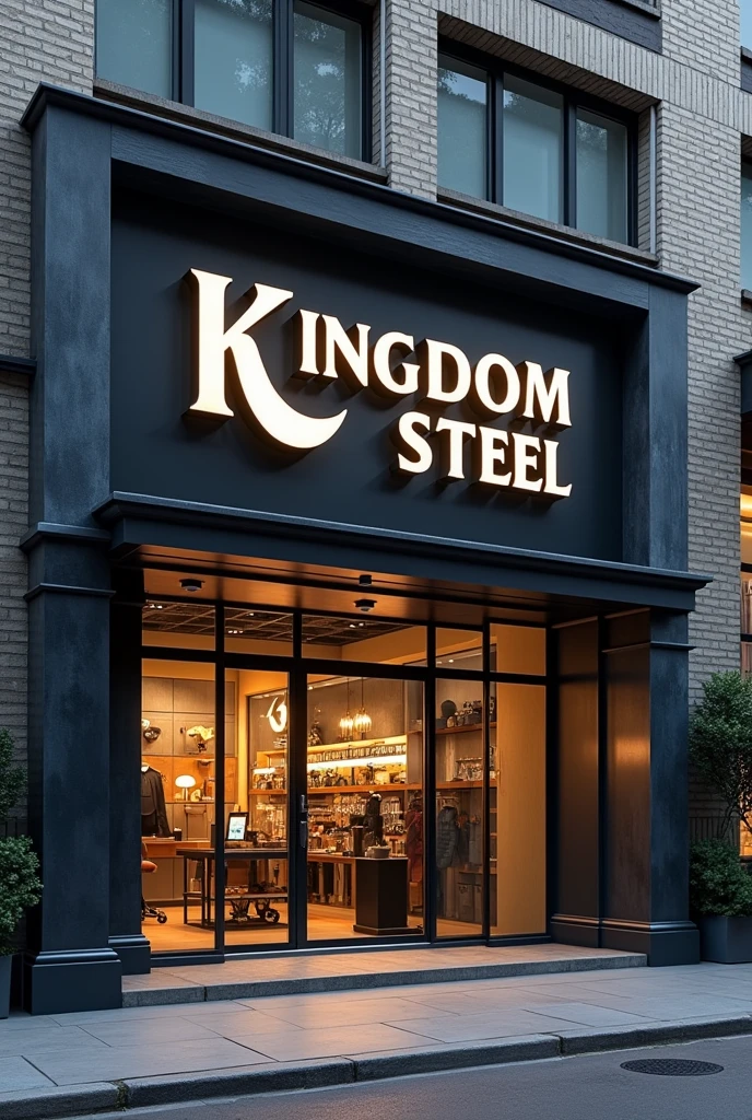 Make a commercial loss with a facade written kingdom steel, a display window and a glass door 