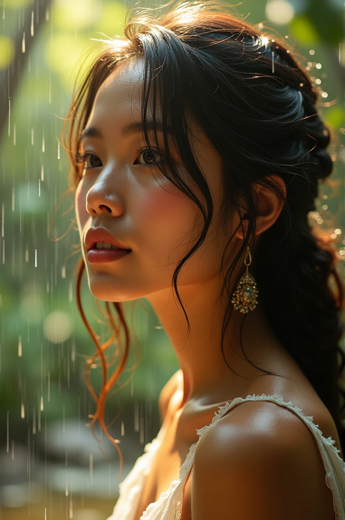 make me a photo of a beautiful Indonesian woman looking at the beauty of nature while getting caught in the rain in the afternoon