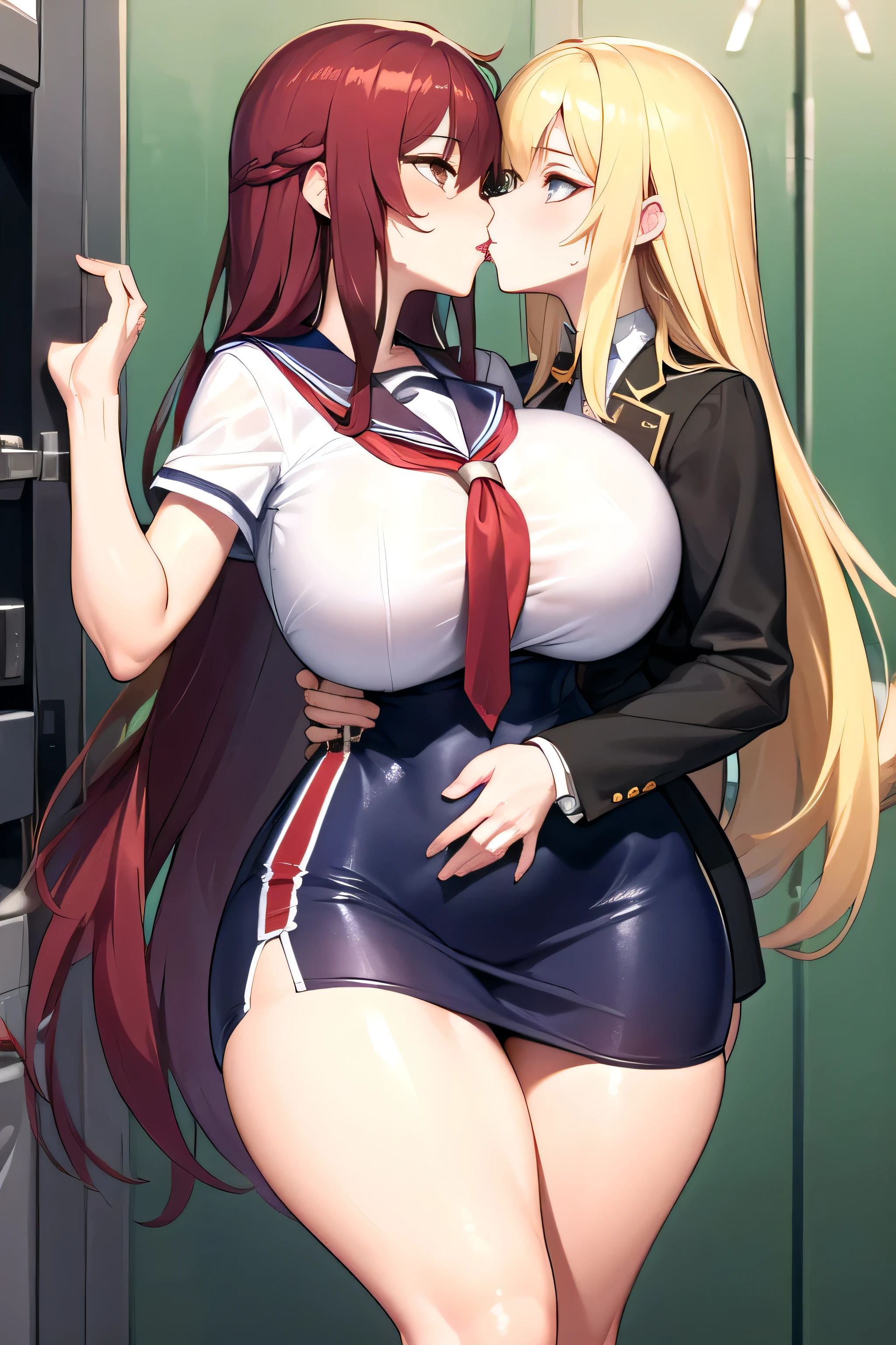 Lesbian (very long loose yellow hair)(big breasts, big thighs)(with  clothes it is very tight) that he is kissing at school with his girlfriend,(big breasts, big thighs)lesbian love