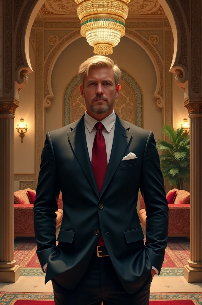Land Nakamoto, Blond in suit in mishlaḥ, inside a luxurious Arabic-style mansion