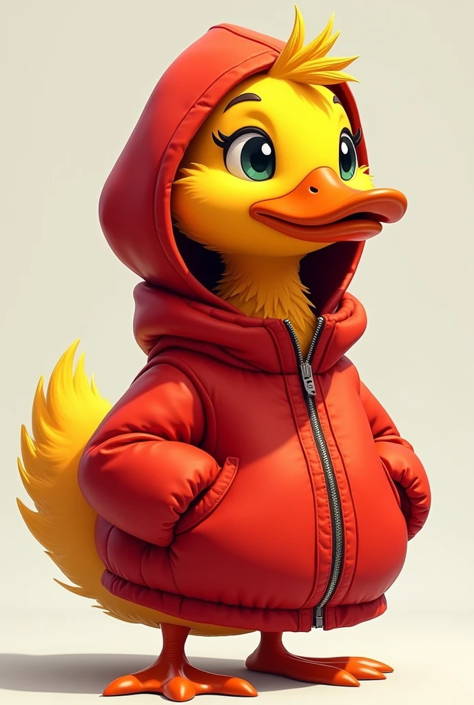 the duck has bright yellow plumage., but instead of its usual plumage, He is wearing a red hooded jacket that suits him very well... The hood covers your head and neck., giving it a very cool and modern look. the duck'eyes shine with curiosity, and their wings are ready to unfold at any moment.