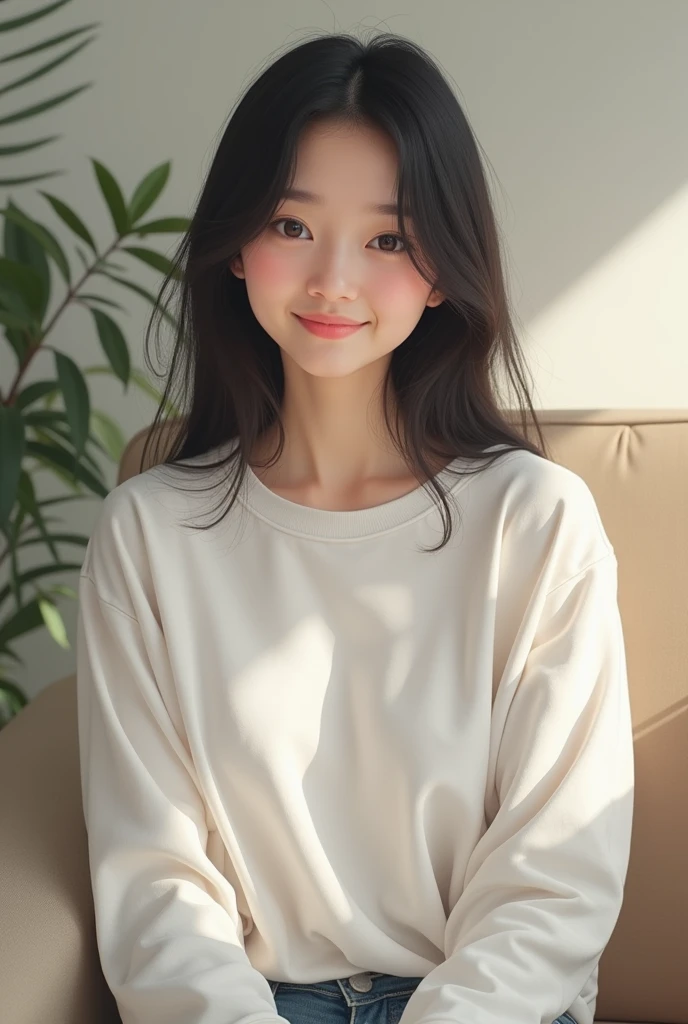 Selfie-style image of a fair-skinned young Japanese woman sitting on a sofa。He&#39;s wearing a very large, oversized white T-shirt.。Smiling。