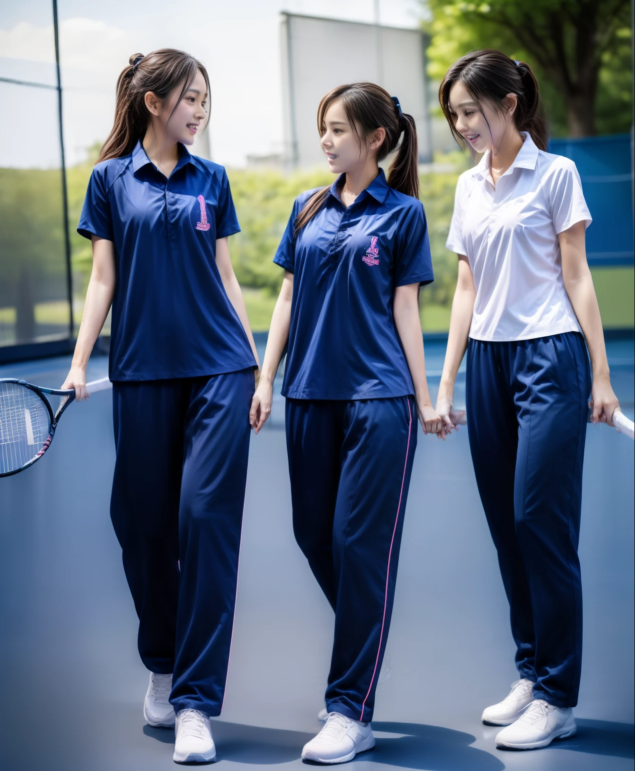 3 girls play tennis at tennis courts, Navy blue short-sleeved shirt,Navy Long Trackpant,Sweatpants, Sweatpantsขายาว,2 girl, lesbian, sexy, exercise clothes, wet body, exercise clothes