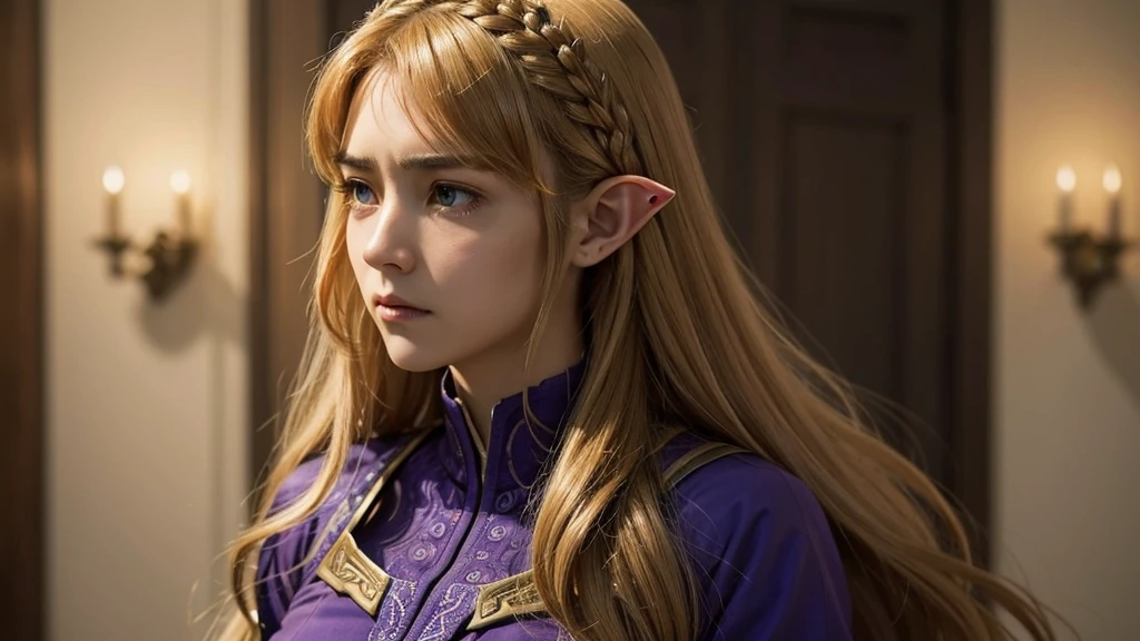 "Princess Zelda from The Legend of Zelda is portrayed with a deeply sorrowful expression, capturing a moment of profound sadness. She is dressed in her royal gown, which appears slightly disheveled, hinting at recent trials or turmoil. Her long, golden hair falls around her face in soft waves, partially obscuring her features. Zelda’s violet eyes, usually full of wisdom and strength, are now brimming with unshed tears, reflecting a deep sense of loss or grief. Her brows are furrowed slightly, and her lips are downturned, conveying her heartache. Her posture is slightly slumped, as if the weight of her emotions is too much to bear. The surrounding ambiance is somber and muted, emphasizing her distress and the heavy burden she carries."