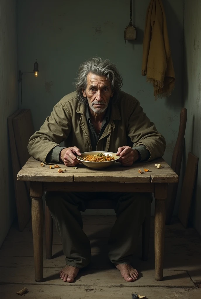 Poorman eating cheap food in table