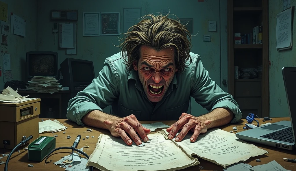 A distorted dramatic illustrated image of someone exhausted and unable to work at their low-paying job any longer.,