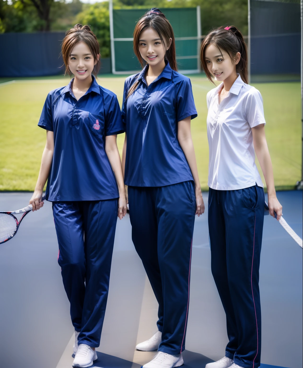 3 girls play tennis at tennis courts, Navy blue short-sleeved shirt,Navy Long Trackpant,Sweatpants, Sweatpantsขายาว,2 girl, lesbian, sexy, exercise clothes, wet body, exercise clothes