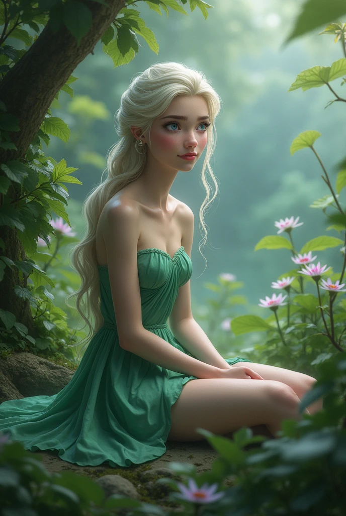 Frozen Elsa wears short green dress. Sitting in the garden.