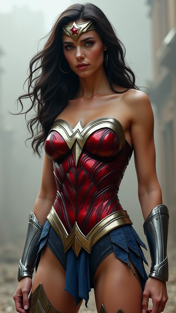 (((wonder woman (((Navy blue one-piece suit with scales))),(((Over the jumpsuit she wears a red corset in armor))) Silver metal diaema with a red star on her forehead long red boots up to her knees)))