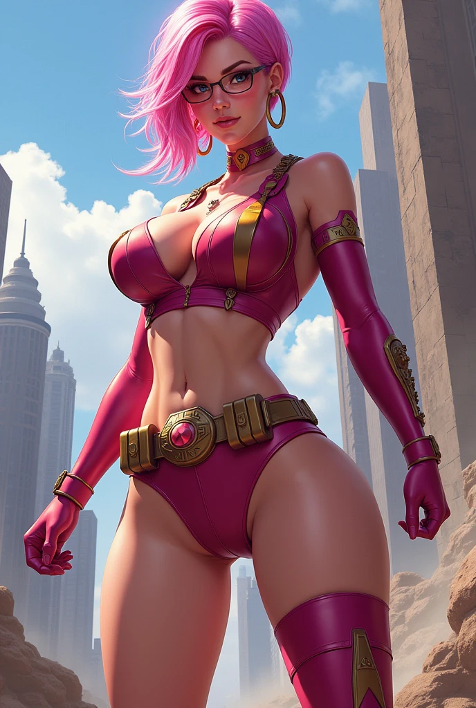 Create girl with big ass boobs and very beautiful super hero two legs pink hair miniskirt +90