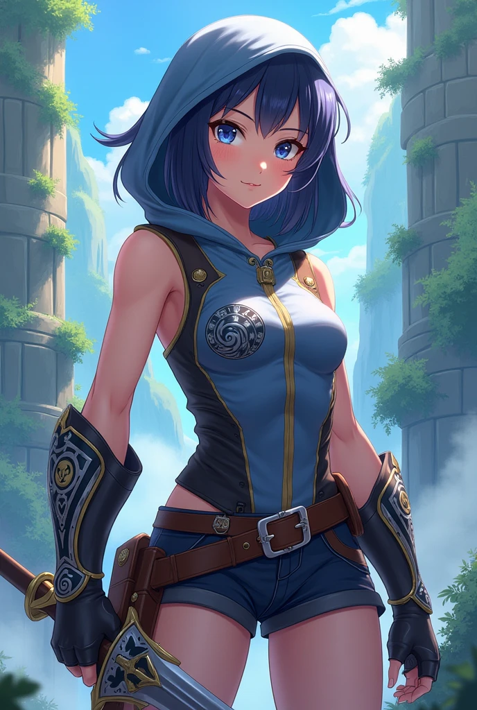 Isekai warrior anime girl wearing a sleeveless hoodie under an armor