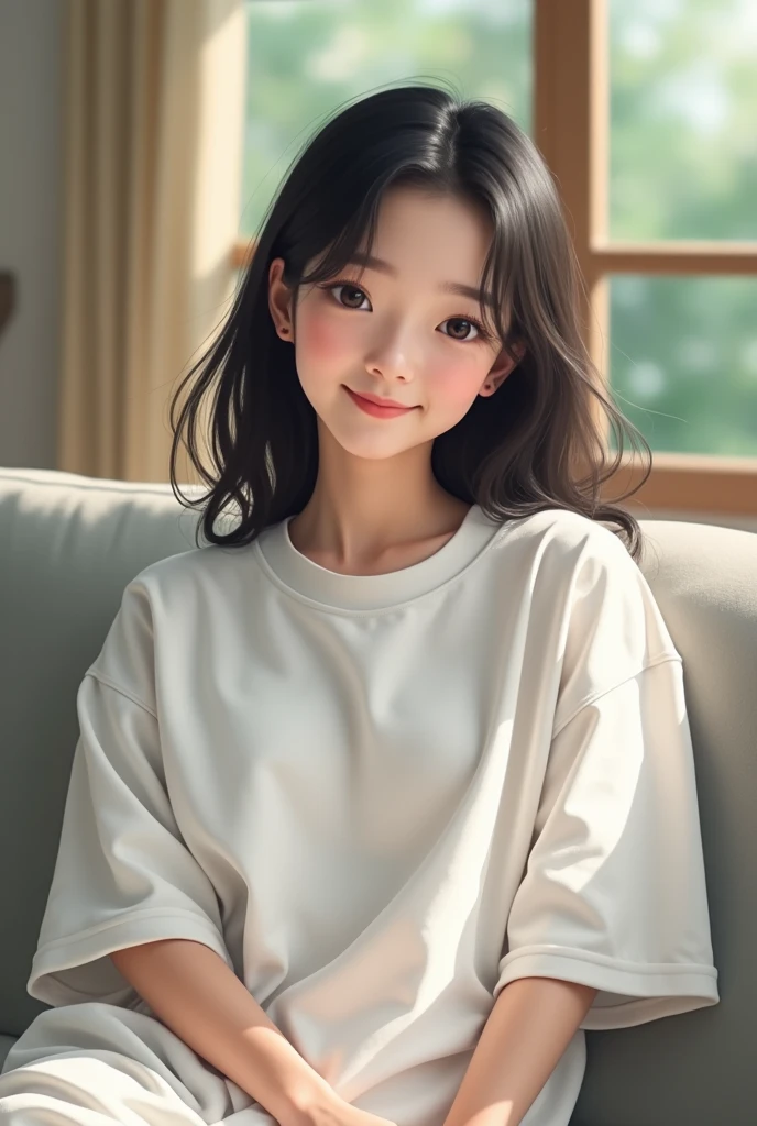 Selfie-style image of a fair-skinned young Japanese woman sitting on a sofa。He&#39;s wearing a very large, oversized white T-shirt.。Smiling。