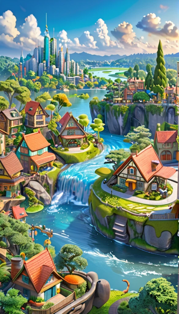 A landscape of a city in the forest a big Zootopia, with houses in the trees and on the ground the place has huge trees and is beautiful with lakes and rivers
