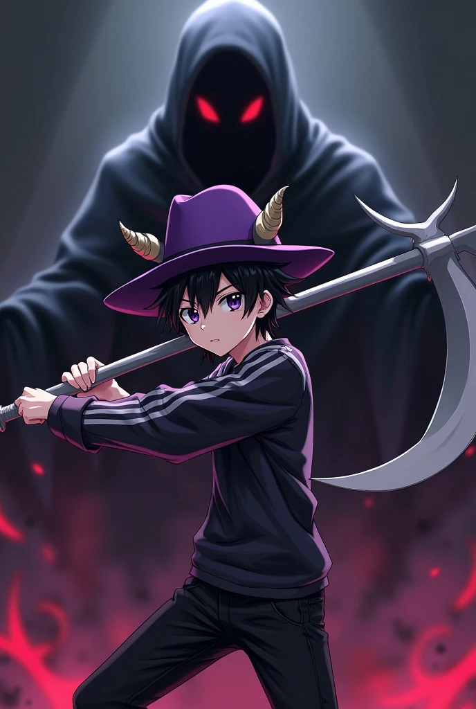 anime boy, Spiky black hair, purple fedora hat, black shirt with gray stripes, deer horn, gray scythe, There is a red-eyed black ghost behind me., black jeans
