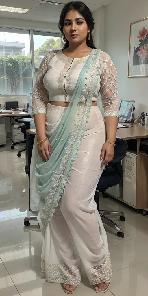 Day scene, A radiant, full-figured South Indian 3 aunty a white colour chiffon fully transparent kurta, and leggings, ,standing, in a office captured in a full-body image with vibrant hues and meticulous details. Full body image