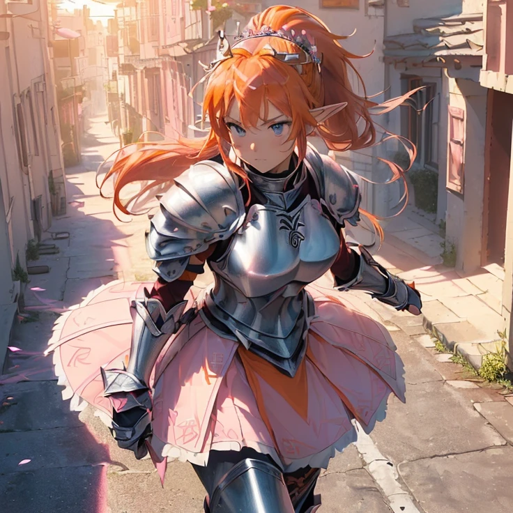 (masterpiece), (best quality), (detailed character and features), (HD), (high resolution), (solo, alone character), (fantasy), (simple background), (anime)
{{(1character:(20 years old (orange-red haired) Elf-Girl (full pink-armor-knight)):((reddish-orange hair tied in a left ponytail with two white flowers),(beautiful light-blue eyes), (orange-reddish eyebrows), (serious and imponent), (closed mouth), (white flower at side of hair over the left ponytail),(body full covered and armored in full knight pink armor)), ((full Pink knight armor:(full pink steel full knight cuirass), (full pink gauntlets), (full pink steel knight skirt), (full pink steel belly armor), (full pink shoulder armor plates), (full pink steel armor long boots), (full pink steel armor knee-plates), (full pink steel elbow plates), (silver tiara up her head around the hair)),((holding with her left hand a long steel silver spear)),((Background: (diversed colors viking styled city street),(sunny morning, blue sky), (stone viking houses around the streets)))}}
