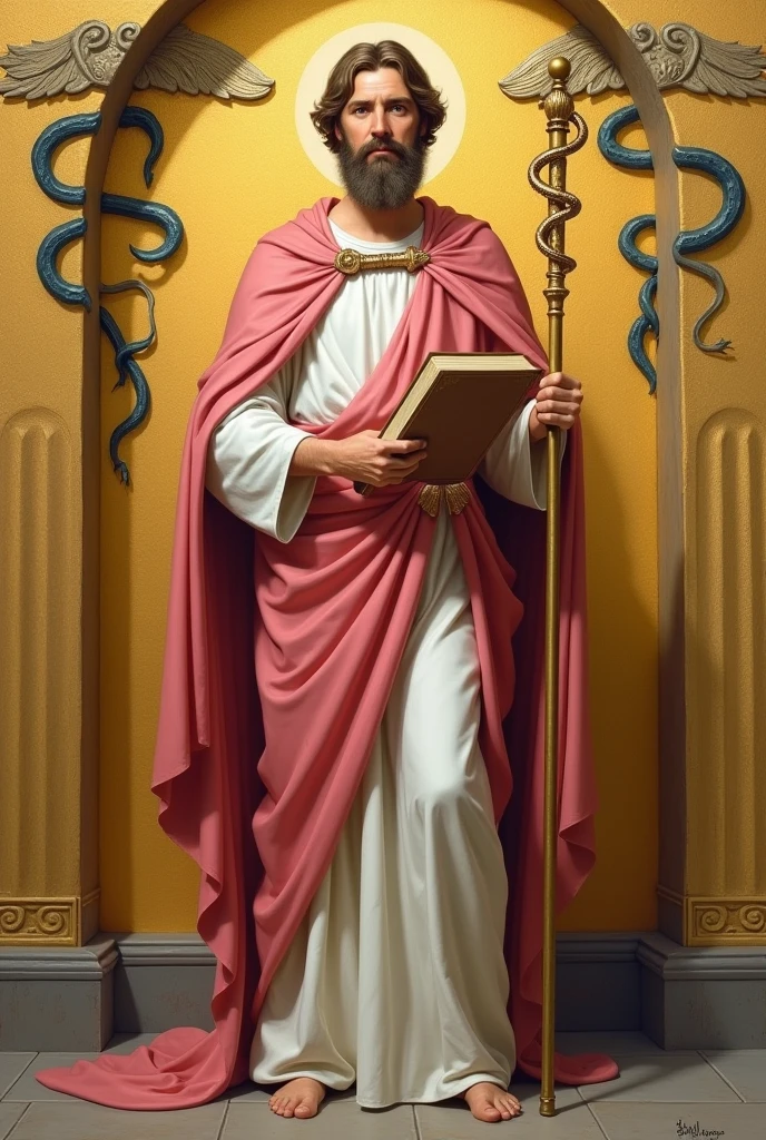 apostle saint matthew, patron of accounting, standing, with a white tunic and a pinkish red cloak, with his book in his left hand, holding his staff in his right hand, and in the background a golden wall with a symbol "caduceus painted on the side"