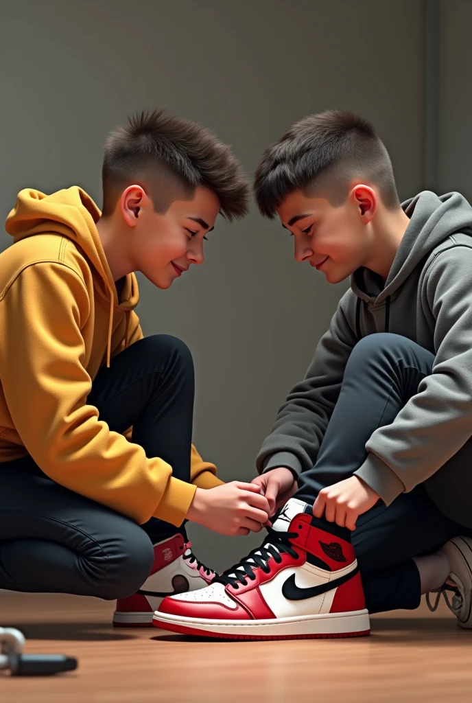 A young teenage boy lies on his friend wearing nike jordans 1. The Jordans should be seen in the picture, be clearly recognizable and original. Both have their hair styled and the sides at zero. Both boys are German