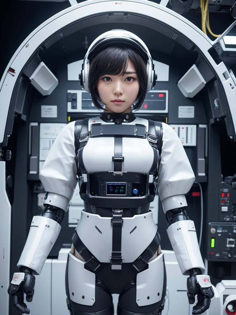 masterpiece, Highest quality, Very detailed,Portraiture, Japanese Android girl,Plump,Slightly thicker,Control panel,robot arms,robot,Android,cyborg,white robot body,Blunt bangs,robot repair plant,The spaceship's cockpit,Harness Belt,headset,Helmet