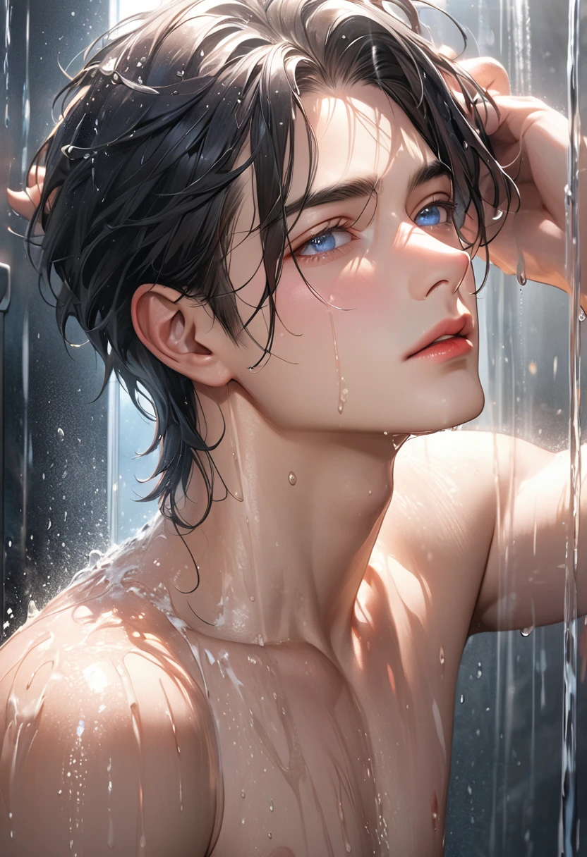 Complete portrait with high resolution and detail.. full hd,Full portrait, (Complete Masterpiece Portrait),(hyperrealistic character) Lush Ultra highly detailed, intricate motif, sunlight, A captivating light fantasy featuring a handsome and elegant young man, has black hair, He has blue-gray eyes, light pink lips, very red face, he is taking a shower,