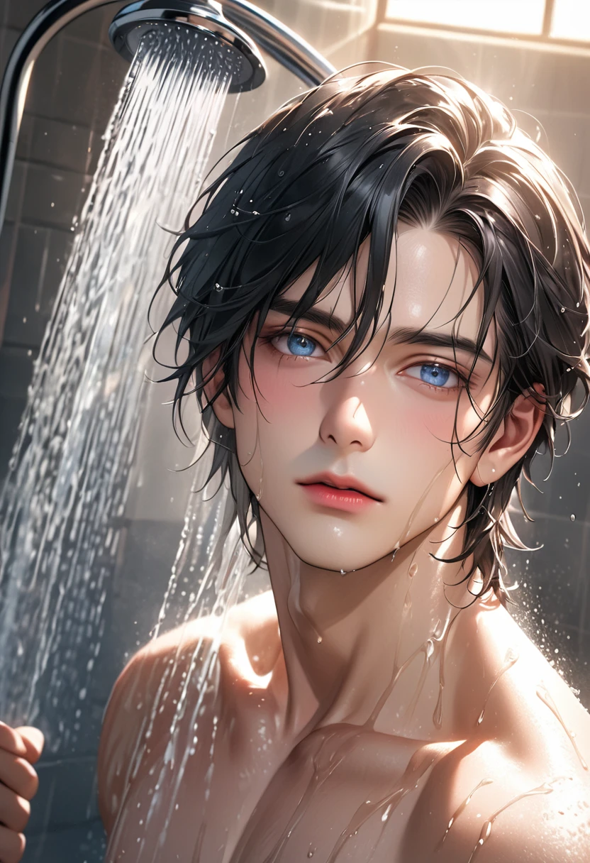 Complete portrait with high resolution and detail.. full hd,Full portrait, (Complete Masterpiece Portrait),(hyperrealistic character) Lush Ultra highly detailed, intricate motif, sunlight, A captivating light fantasy featuring a handsome and elegant young man, has black hair, He has blue-gray eyes, light pink lips, very red face, he is taking a shower,