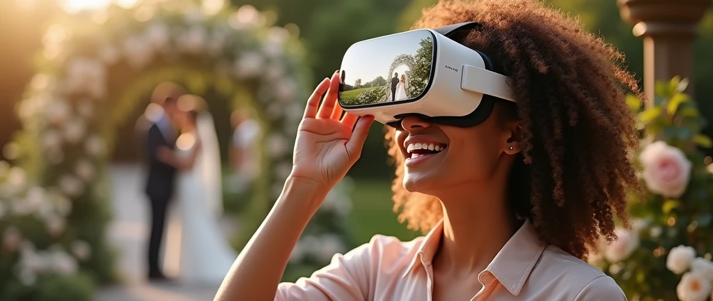 Create an image of a woman with curly hair holding a VR headset close to her face, displaying a scene of a wedding ceremony. The VR lenses show her attending a beautiful outdoor wedding, with the bride and groom standing at the altar, surrounded by flowers and loved ones. The woman is dressed in elegant yet comfortable attire suitable for a wedding, looking joyful and emotionally touched. The background includes elements that reflect the romance and significance of the occasion, with soft lighting, a beautifully decorated venue, and a serene atmosphere. The overall scene conveys the warmth and celebration of love on a special day.
