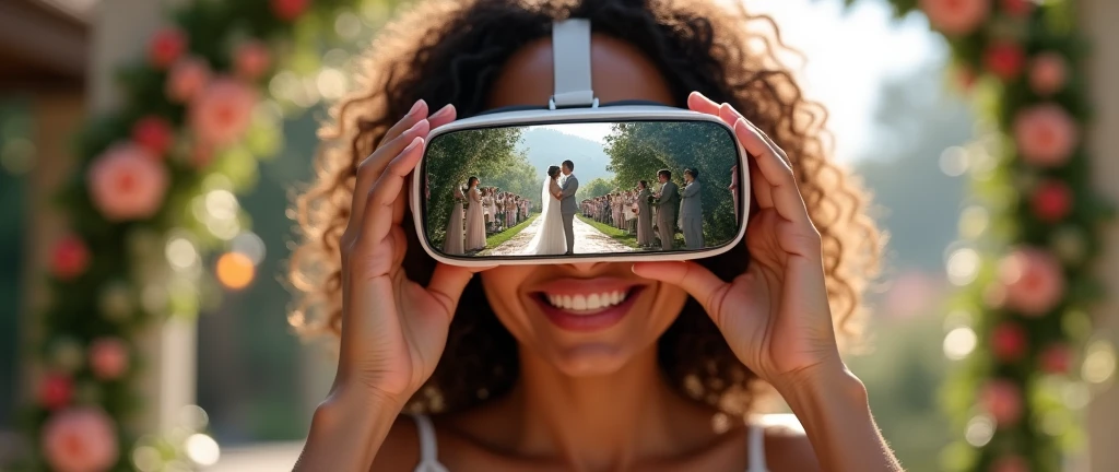 Create an image of a woman with curly hair holding a VR headset close to her face, displaying a scene of a wedding ceremony. The VR lenses show her attending a beautiful outdoor wedding, with the bride and groom standing at the altar, surrounded by flowers and loved ones. The woman is dressed in elegant yet comfortable attire suitable for a wedding, looking joyful and emotionally touched. The background includes elements that reflect the romance and significance of the occasion, with soft lighting, a beautifully decorated venue, and a serene atmosphere. The overall scene conveys the warmth and celebration of love on a special day.