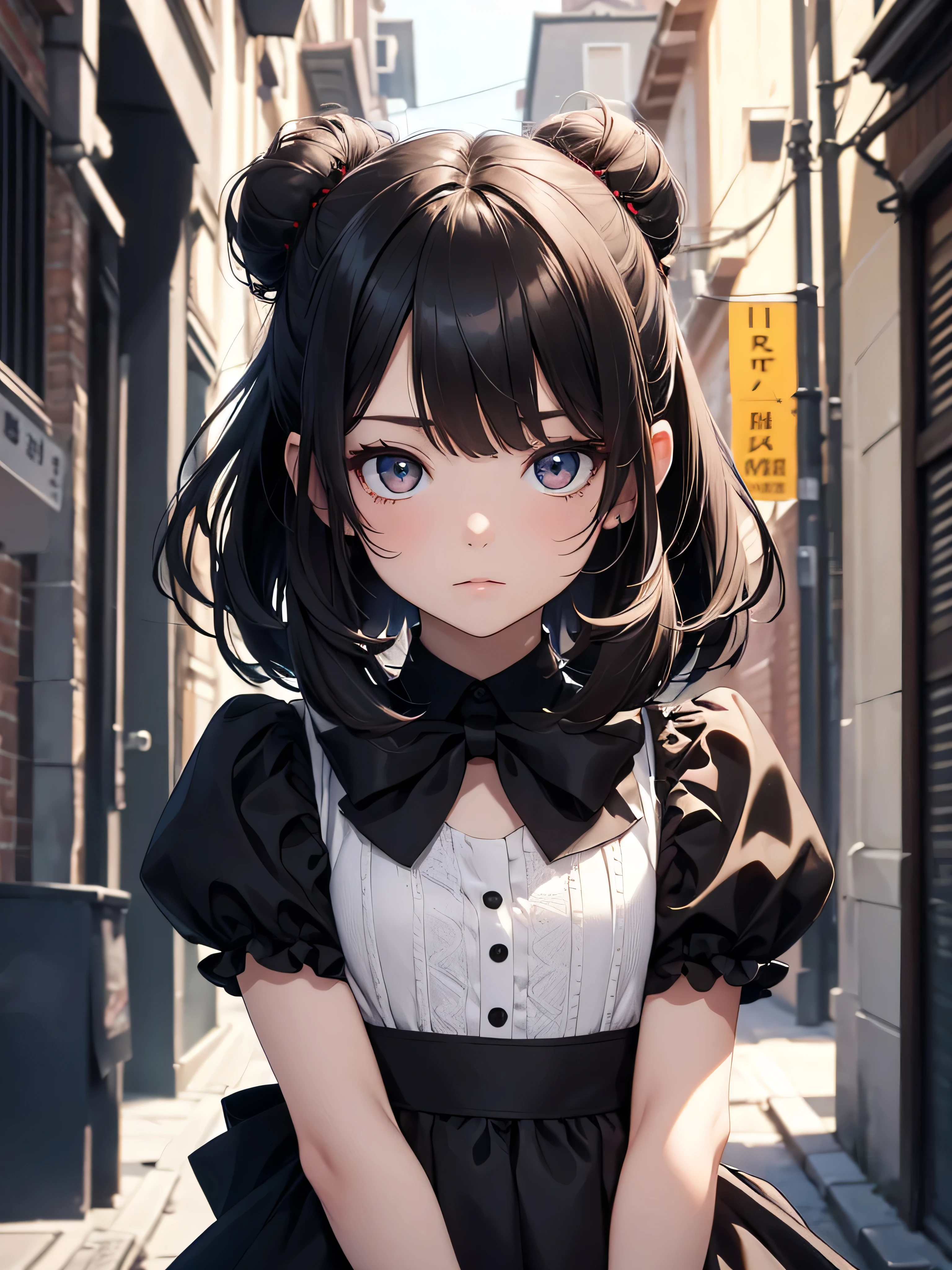 (8K, Best Quality, Masterpiece, Ultra High Resolution) Single Person, 1 Girl, Toddler, Young, , Cute Eyes, Face Details, Pale Skin, Slender, Short, Flat Chest, Dark Black Hair, Hair Buns, Brown Eyes, Hair Bow, Black Dress, Dark Alleyway, Best Quality, Upper Body, Looking at the Viewer, Facing Viewer, Close Up