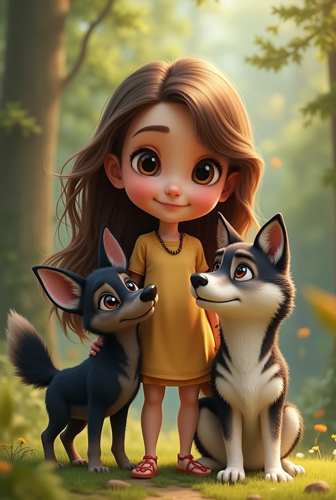 A brunette girl with brown eyes and 2 male dogs, one large, a wolf breed with black and white spots and the other very small with lots of black spots and only black fur and brown eyes.