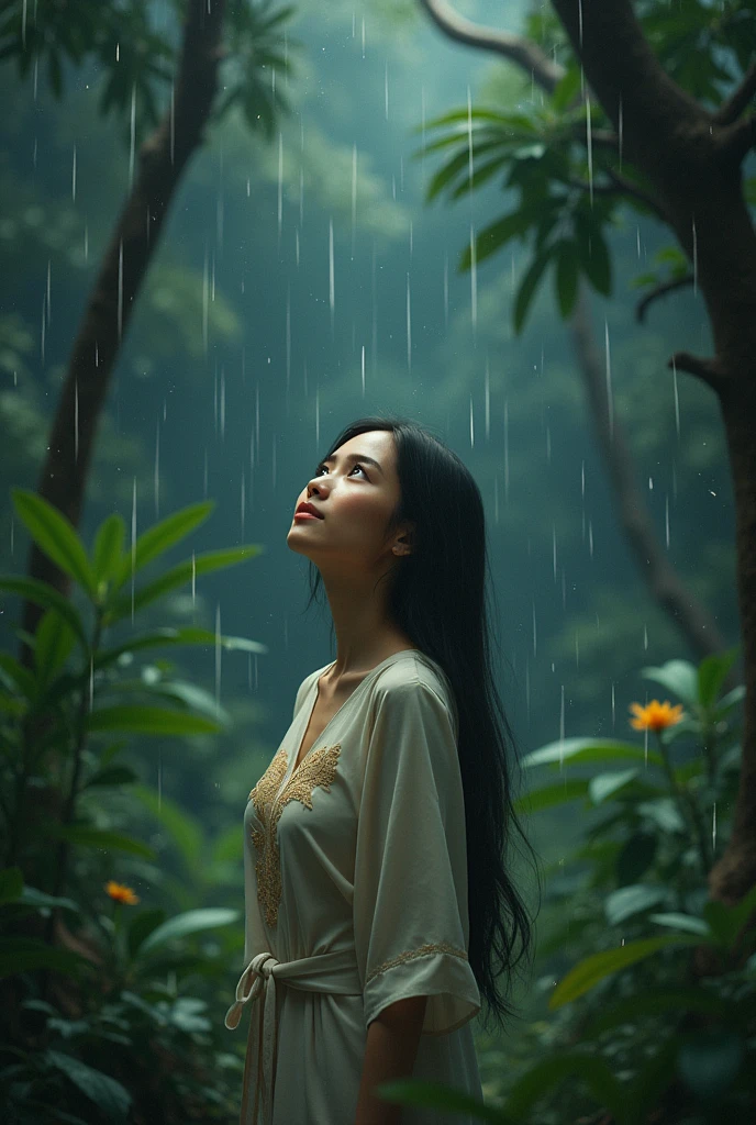 make me a photo of a beautiful Indonesian woman looking at the beauty of nature while getting caught in the rain at night
