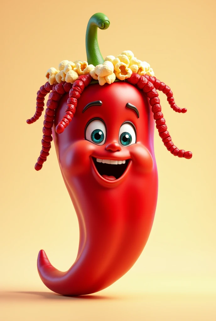 Cartoon Big Red Chili Has a Mouth, wearing a dreadlocked popcorn crown