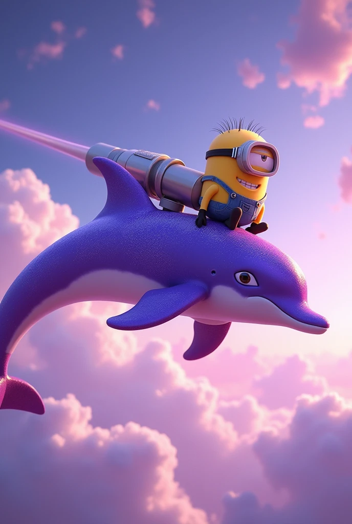 purple dolphin in the sky with a minion on top of it with a cannon 