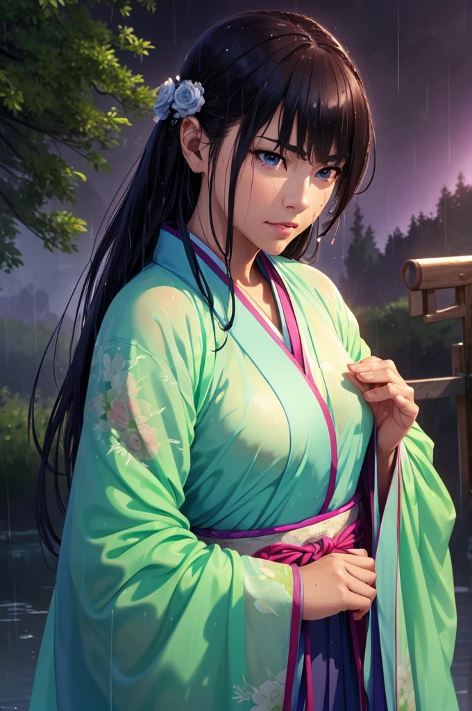 Heavy rain background、Field、in the forest、Walking in the river、On the run、In the fog、war (Highest quality,4K,8k,High resolution,masterpiece:1.2), Very detailed, (Realistic,Realistic,Realistic:1.37), High resolution, Hyper HD, Studio Lighting, Ultra-fine painting, Sharp focus, Physically Based Rendering, Very detailed説明, Professional, Vibrant colors, Bokeh, Sports Late Night, Ancient War Landscapes, Traditional Chinese Painting Techniques, Atmospheric lighting, Vivid color contrast, Ethereal atmosphere,Very detailed目と顔, Beautiful attention to detail, Light on the face,豪華なHanfu (Hanfu: 1.1),My whole body is wet、My clothes are wet and transparent、Nipples are visible、The nipples are pale pink、Rain clouds spreading across the sky、Heavy rain weather、Pouring rain、Wind and rain storm、((Soaked skin from head to toe))、((Rain-soaked clothes(Rain dripping from clothes))、((The lines of your body are clearly visible through your wet clothes...))、、Eye color is green、Tired look、Disheveled clothing、Slim figure、Small breasts