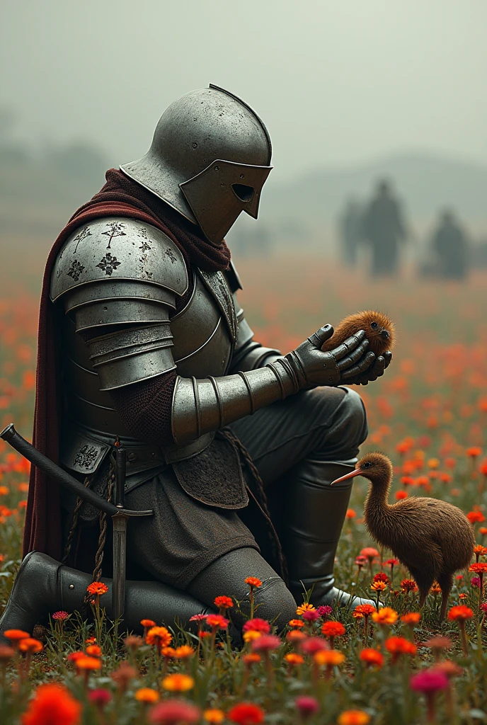 Medieval warrior with helmet covering his entire face (minute details in the armor which is of a general), on your knees and slightly crouched, leaning on his sword with his right hand,  watching a kiwi (the kiwi bird) and closing the beak of the kiwi with the fingers of his left hand, in a field of flowers, which are burning in the background, since they are in a war field, with corpses in the distance