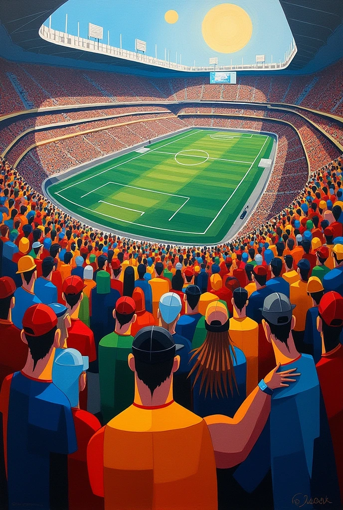 Pablo Picasso style cubist art depicting American football fans in a stadium.