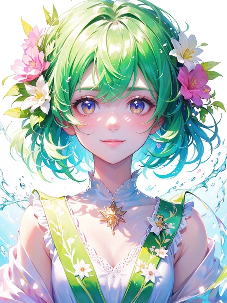 (masterpiece、Highest quality、Highest quality、Beautiful and beautiful:1.2)、Excellent anatomy、(Watercolor painting 1.5)、Long Shot、straight short hair images、Trendy Hair Color, Beautiful Face、Beautiful Smile, I stare at you shyly,A gentle gaze, Fairy, 蝶のFairyのコスチューム、Pure white、Pure、charm, Colorful flowers of different colors, Flower and leaf wind、Botanical Art,