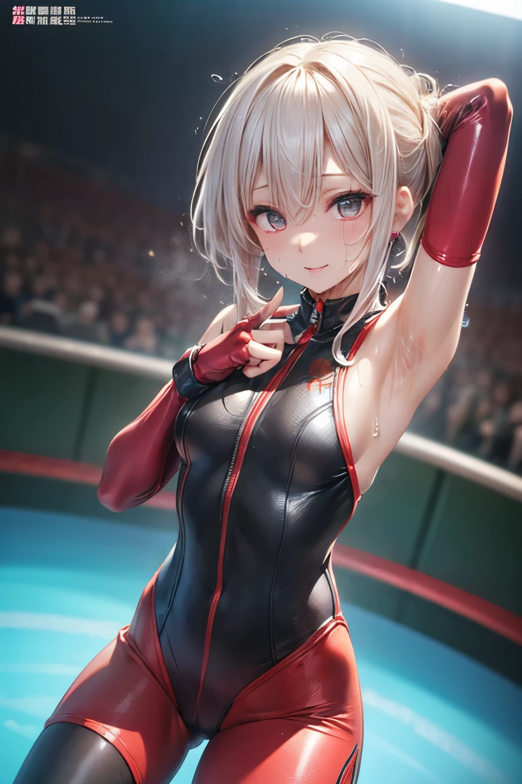 Tight-fitting bodysuit、leotard、Armpit、Mixed Martial Arts、Sweaty、Wet and see-through、Open Finger Gloves、audience