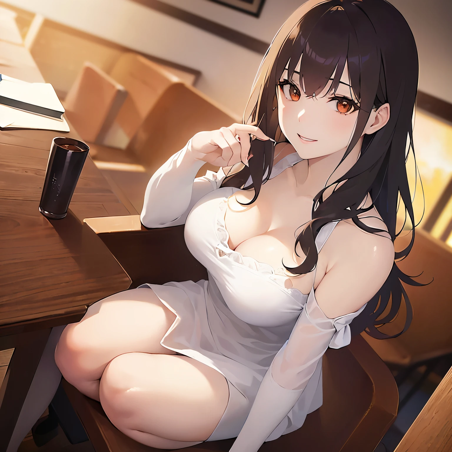 leaning forward, Shooting from above、Upper Body, Realistic, real person, (pale skin: 1.2), RAW photo, photorealistic, shiny skin, shiny hair、(A 2 woman with medium-length hair and bangs) and (wavy hair) and (brown hair) and (orange eyes) , White off-shoulder blouse 、smile, Cleavage, The background is a cafe、Alone、Are standing