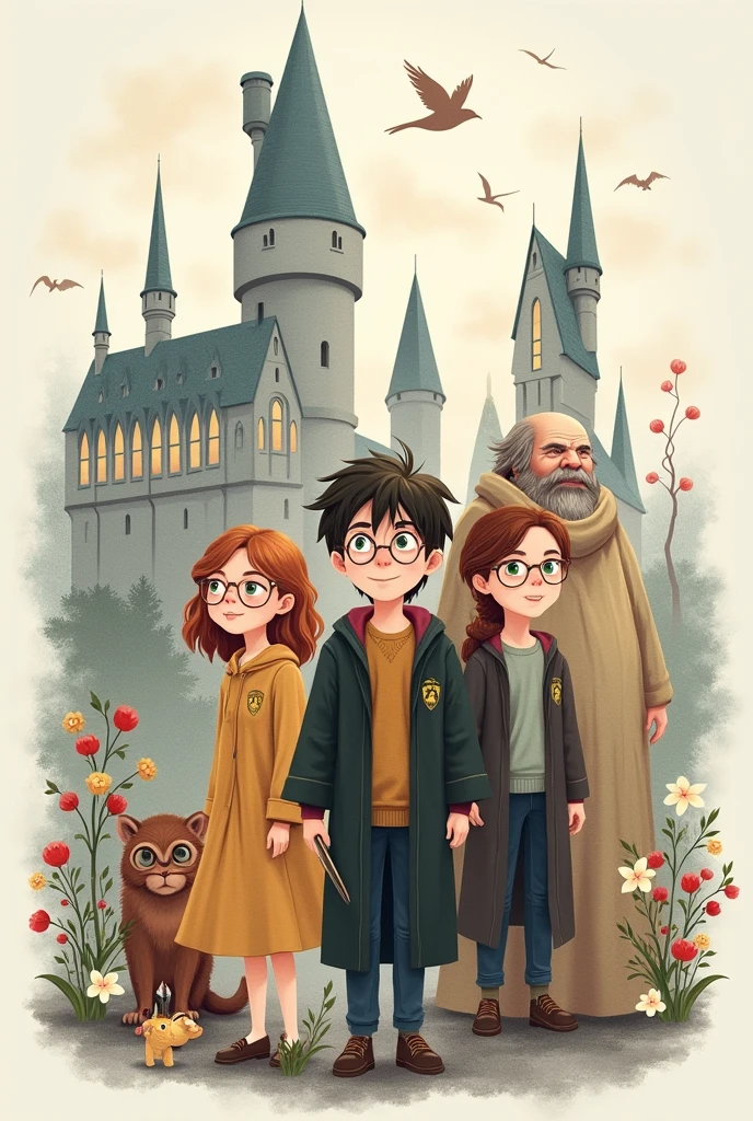  Harry Potter Characters, drawn in watercolor in pastel tones, Vintage style,  


