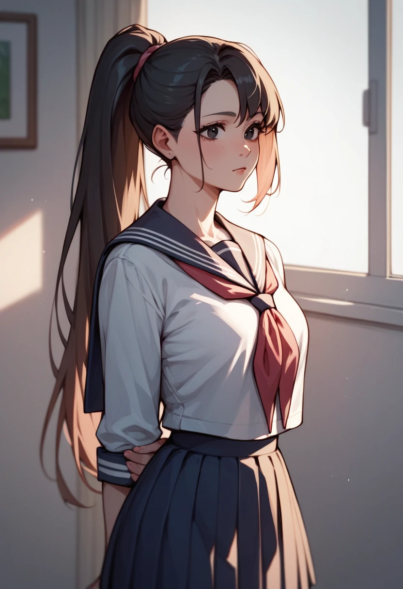 Anime girl with black long ponytail hair and black eyes and pink school uniform school background 