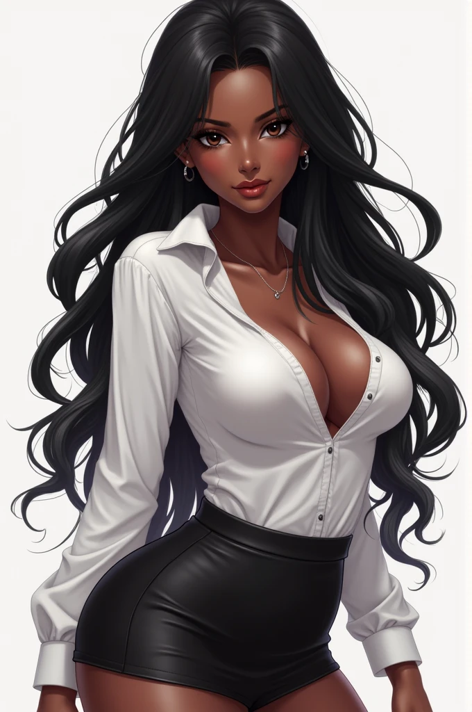 skirt, cloth bulge, 1girl, futanari, dark_skin, black_hair, large_breasts, dress_shirt,, beautiful, (masterpiece:1.2), (best quality:1.2), perfect eyes, perfect face,